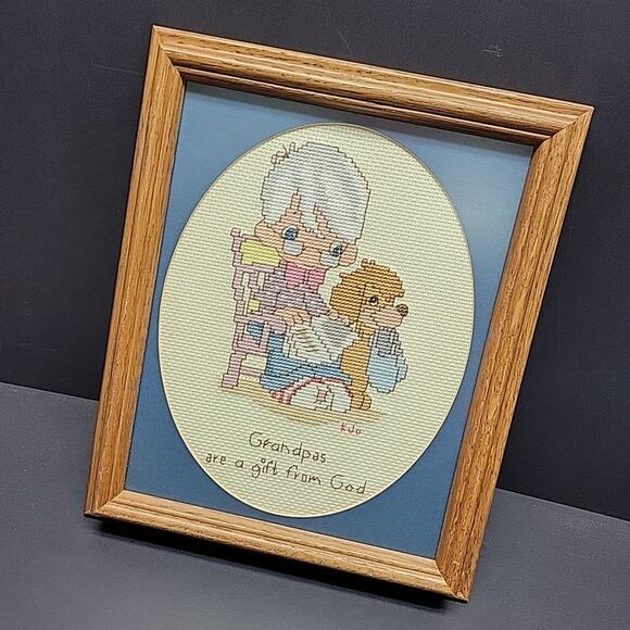 Completed Cross Stitch Precious Moments Grandpa Professionally Framed 11.5 x 9.5 - Picture 1 of 10